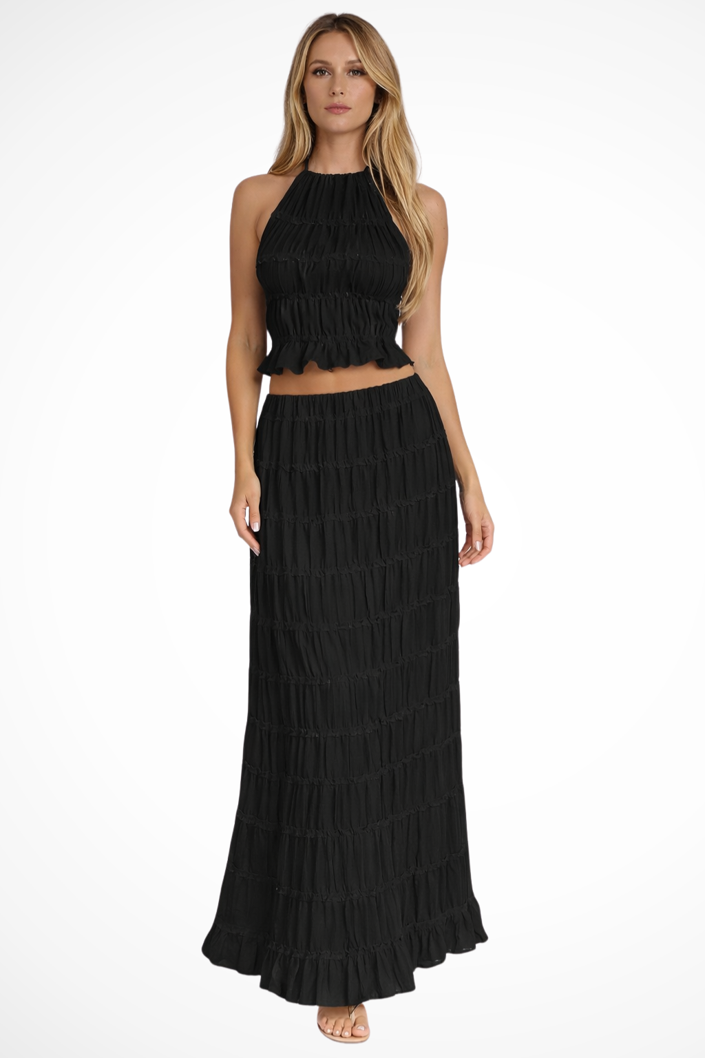 Cora – Conjunto de 2 Piezas: Top Halter Fruncido y Falda Maxi