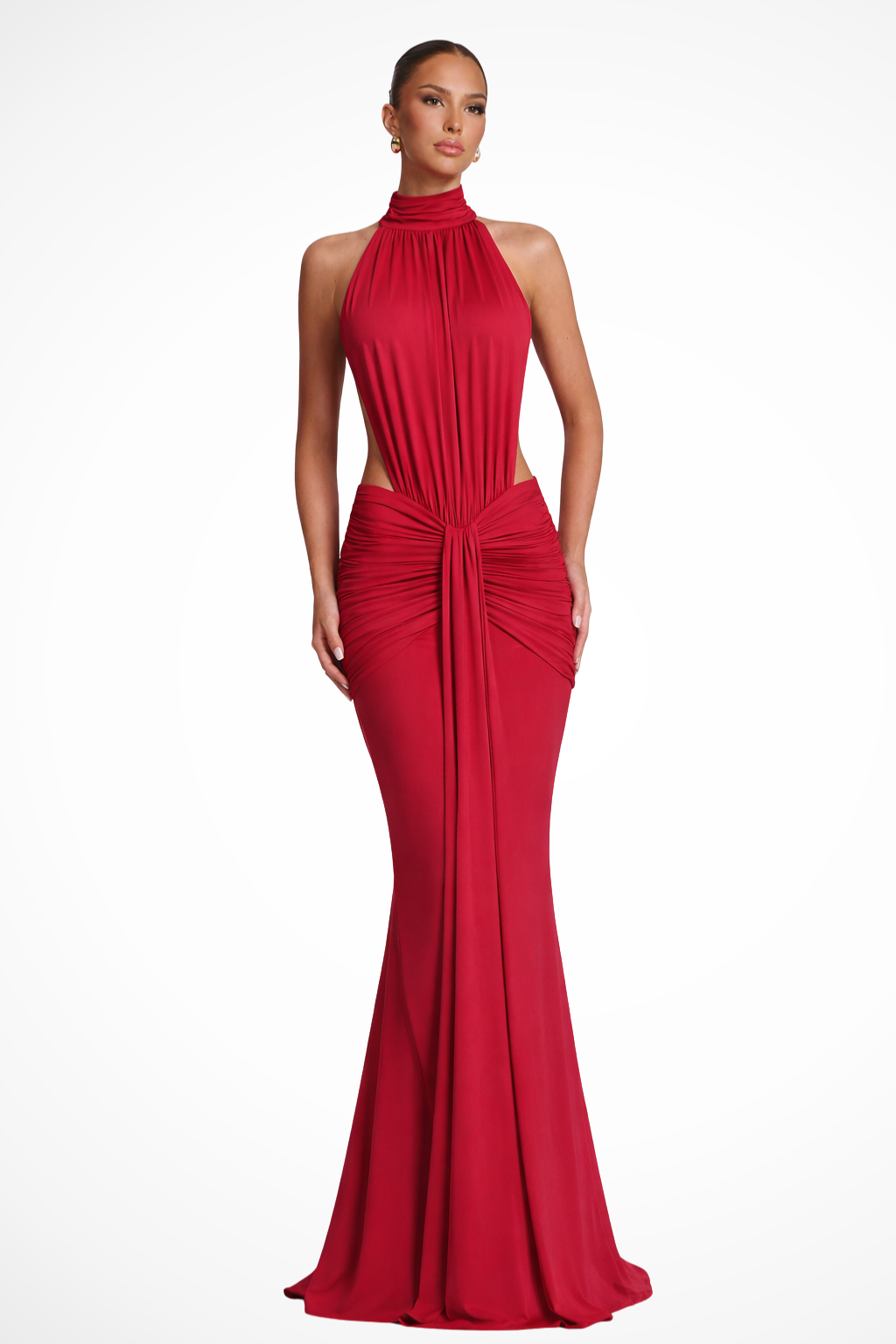 Theodora – Vestido Maxi Bodycon Halter con Fruncido y Espalda Abierta