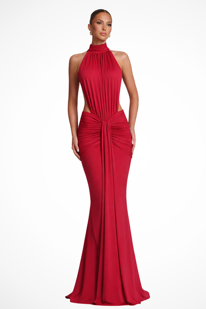 Theodora – Vestido Maxi Bodycon Halter con Fruncido y Espalda Abierta