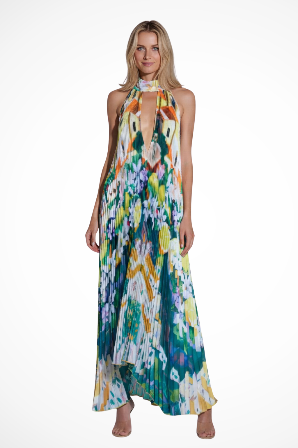 Cordelia – Vestido Maxi Halter Plisado Estampado para Boda