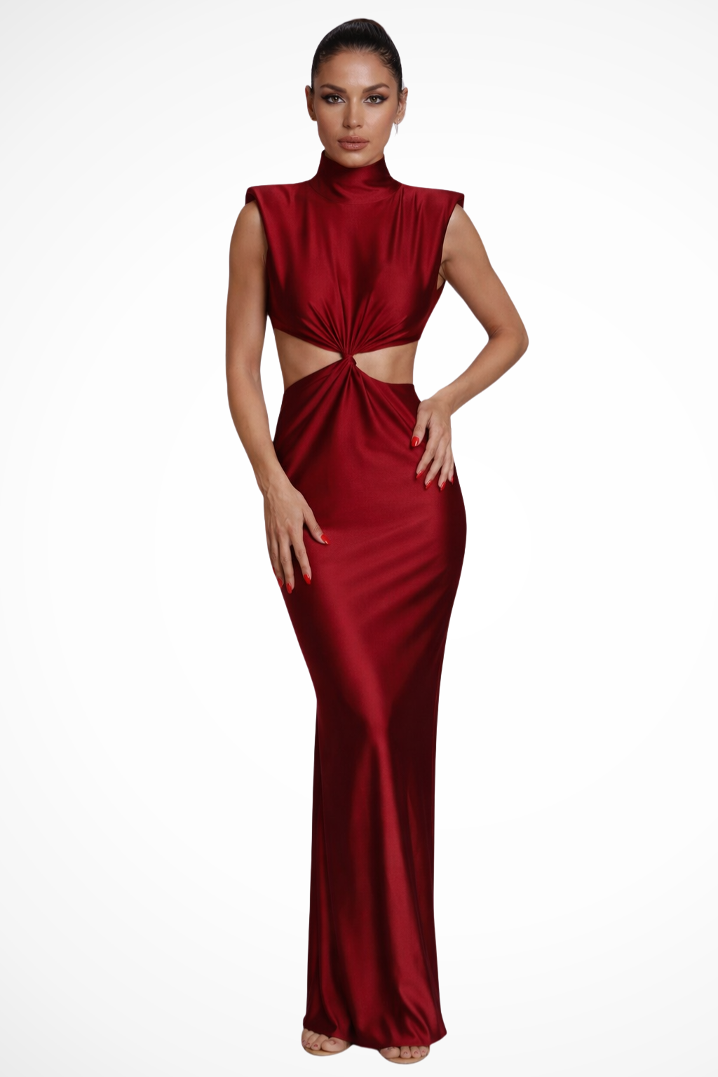 Solenne – Vestido Maxi Bodycon con Cuello Alto y Detalle Retorcido