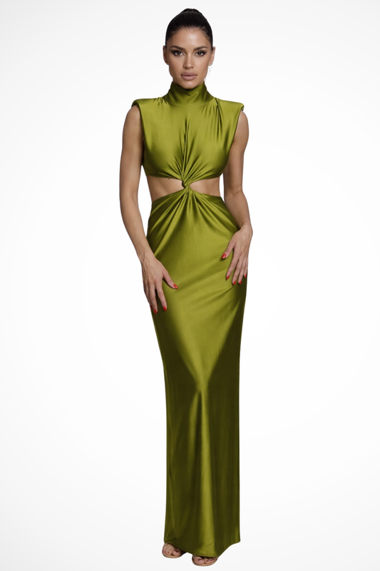 Solenne – Vestido Maxi Bodycon con Cuello Alto y Detalle Retorcido
