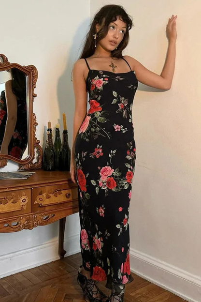 Elara – Vestido Maxi Floral con Tirantes Finos de Verano