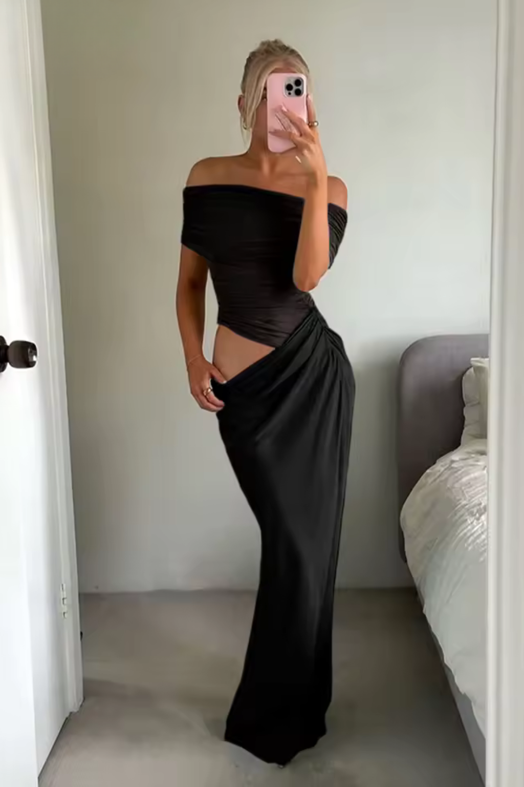 Faith – Vestido Maxi Bodycon de Malla con Hombros Descubiertos