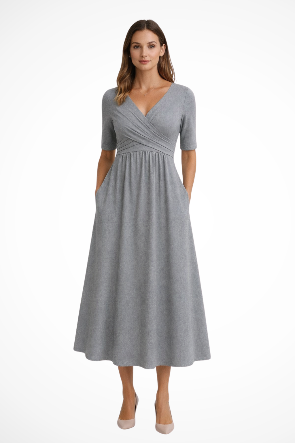 Aveline – Vestido Midi Cruzado de Manga Corta