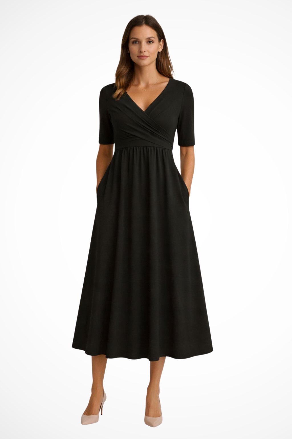 Aveline – Vestido Midi Cruzado de Manga Corta