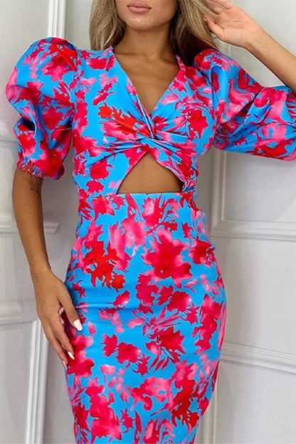 Sophia – Vestido Midi Floral con Manga Globo