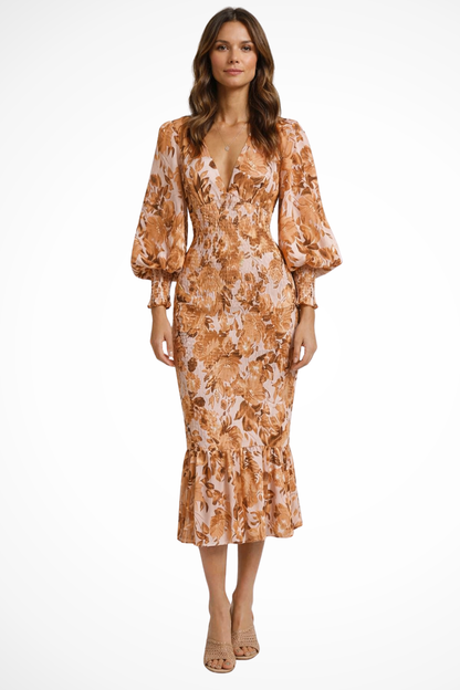 Wren – Vestido Midi Floral de Manga Larga con Escote en V