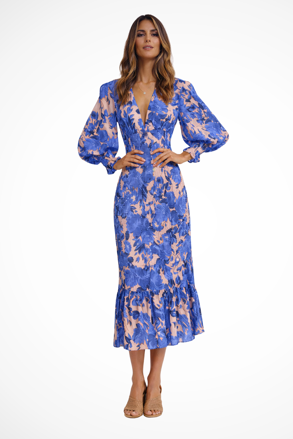 Wren – Vestido Midi Floral de Manga Larga con Escote en V