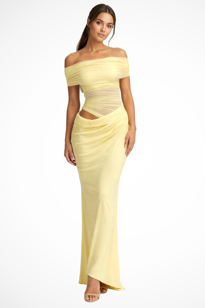 Faith – Vestido Maxi Bodycon de Malla con Hombros Descubiertos