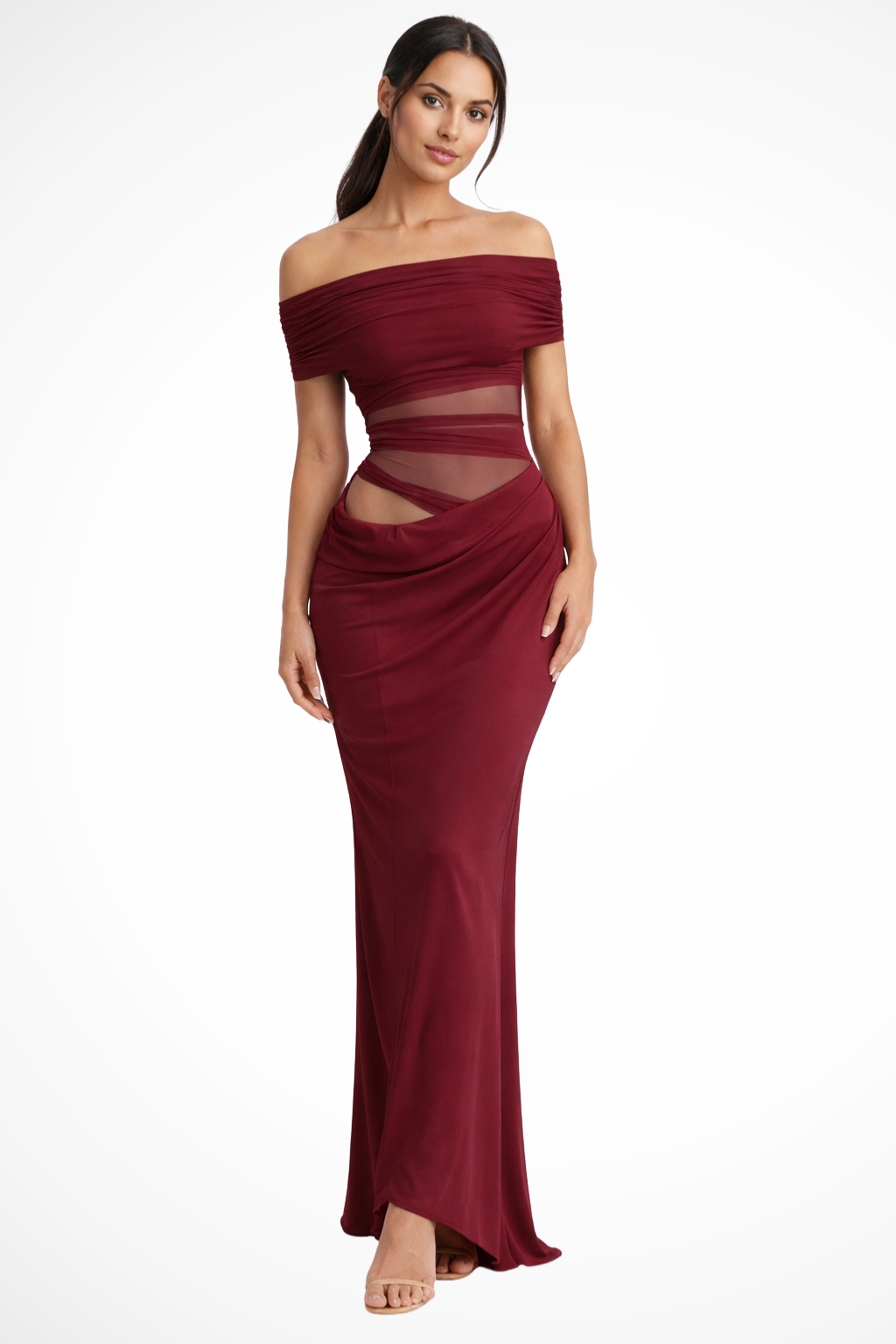 Faith – Vestido Maxi Bodycon de Malla con Hombros Descubiertos