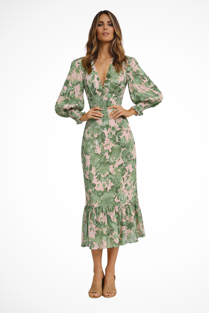 Wren – Vestido Midi Floral de Manga Larga con Escote en V