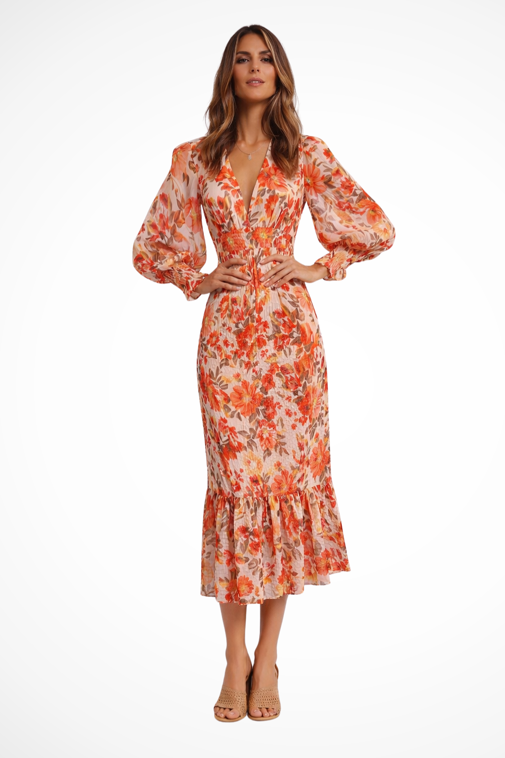 Wren – Vestido Midi Floral de Manga Larga con Escote en V