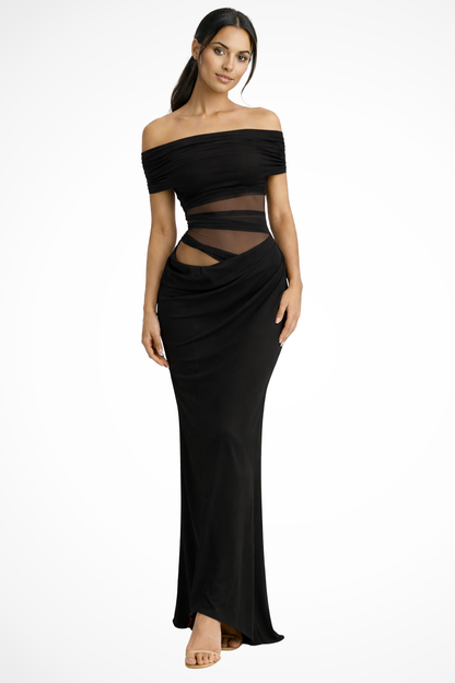 Faith – Vestido Maxi Bodycon de Malla con Hombros Descubiertos