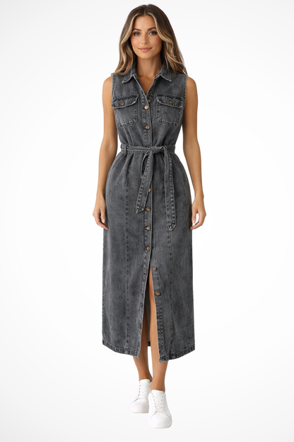 Lottie – Vestido Maxi de Denim sin Mangas con Cinturón y Abertura