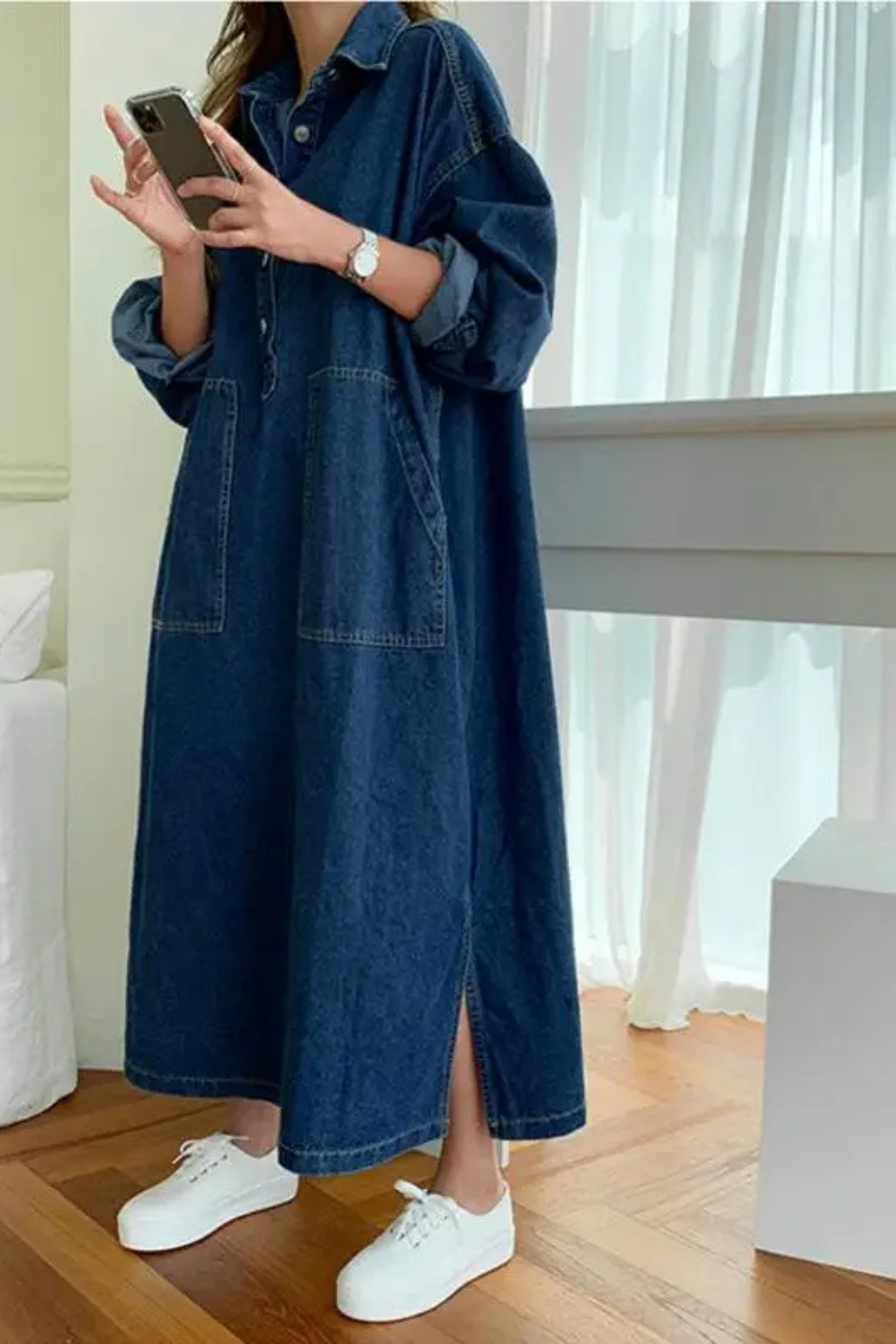 Margot – Vestido Maxi de Denim Oversize con Cuello y Bolsillos