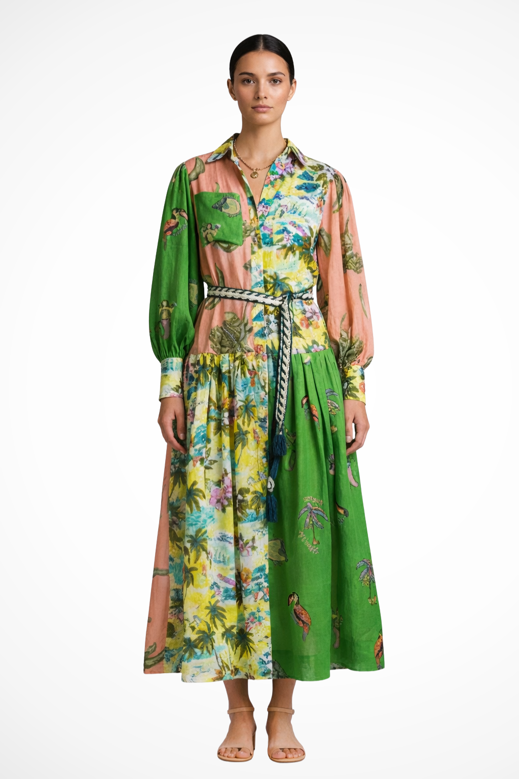 Thea – Vestido Maxi Estampado en Capas con Manga Larga