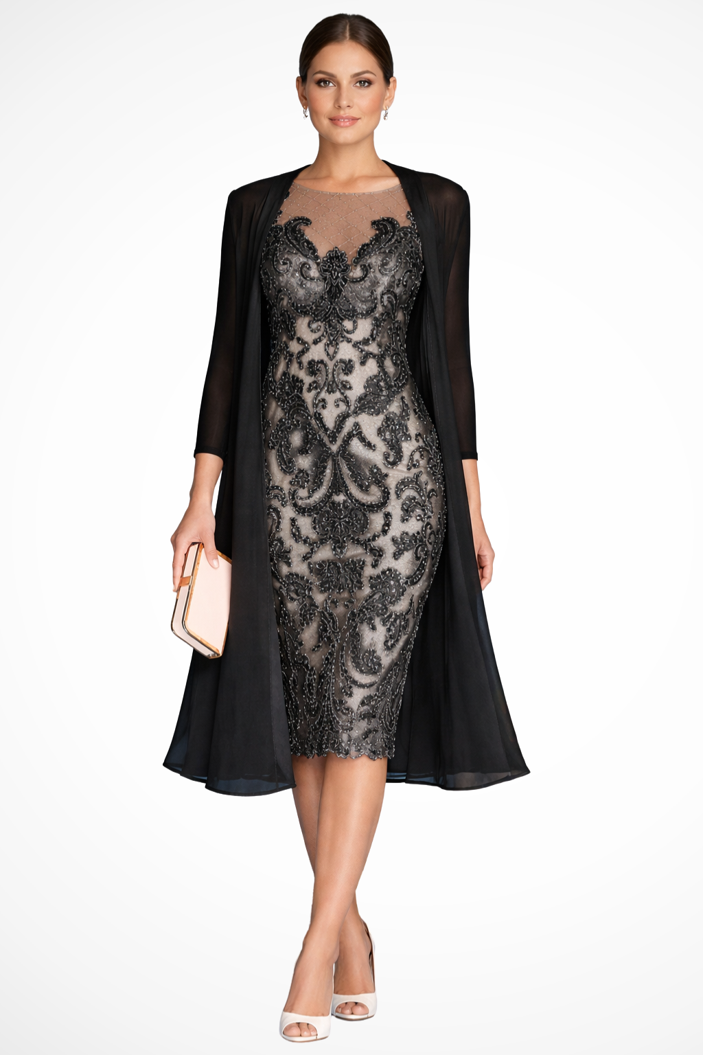 Dorothea – Vestido Midi Bordado con Chaqueta de Chiffon para Boda