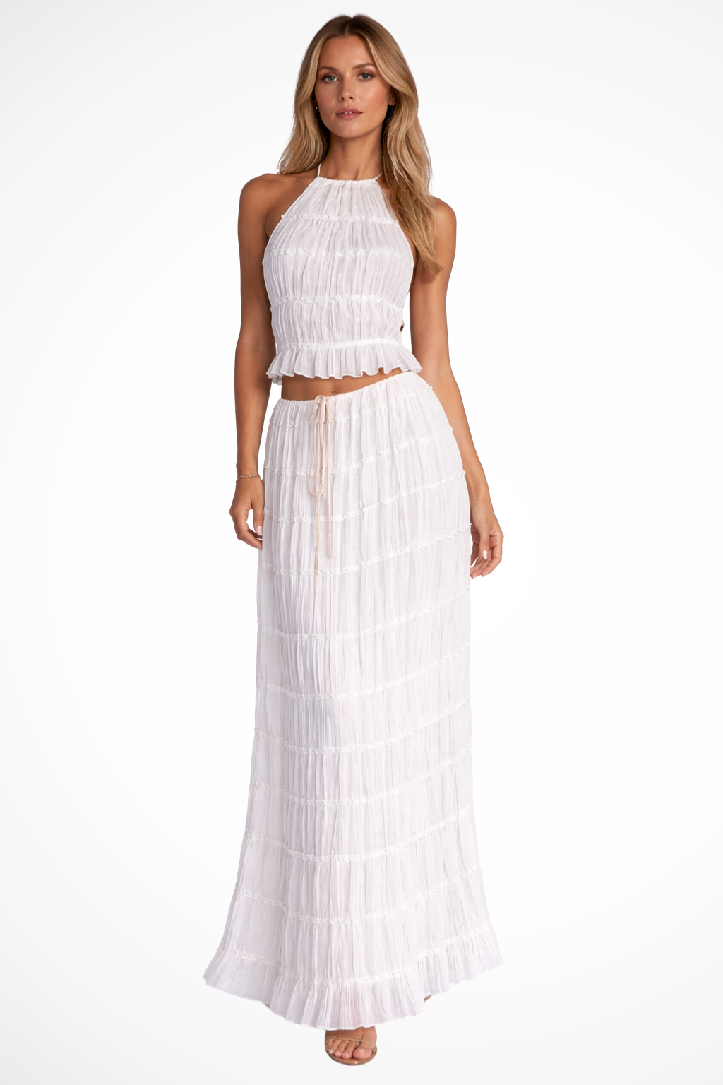 Cora – Conjunto de 2 Piezas: Top Halter Fruncido y Falda Maxi
