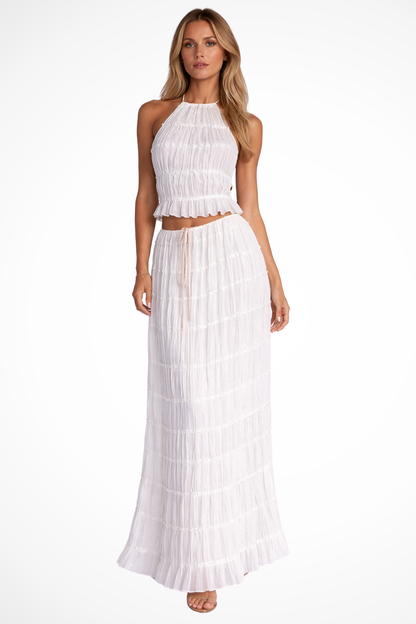 Cora – Conjunto de 2 Piezas: Top Halter Fruncido y Falda Maxi