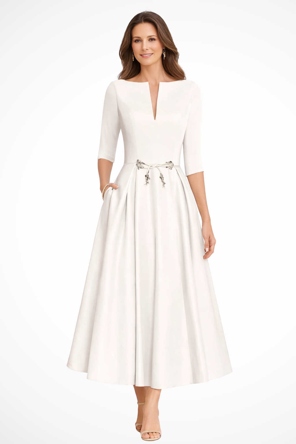 Cordelia – Vestido Midi Plisado Línea A con Cuello Barco para Boda