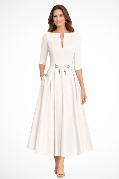 Cordelia – Vestido Midi Plisado Línea A con Cuello Barco para Boda