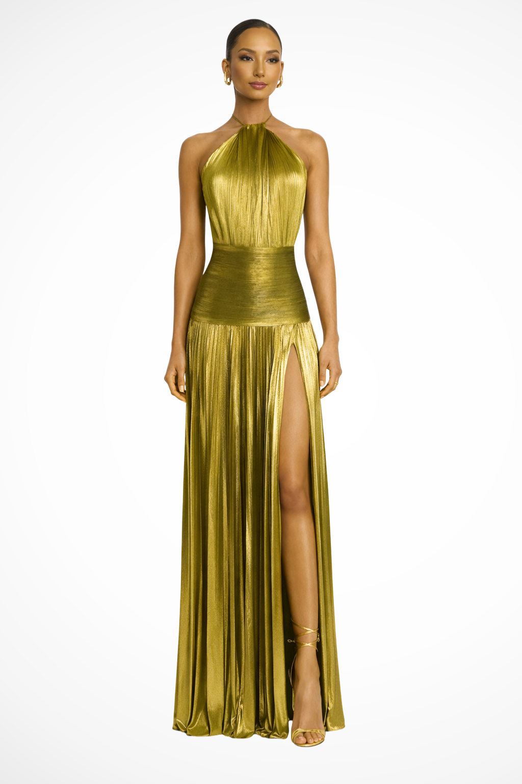 Saffron – Vestido Maxi Halter de Satén Plisado para Boda
