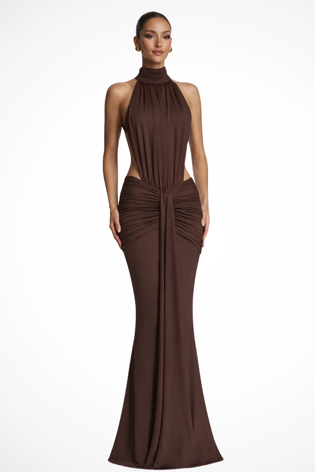 Theodora – Vestido Maxi Bodycon Halter con Fruncido y Espalda Abierta