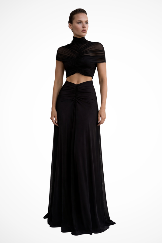 Marienna – Vestido Maxi con Cuello Alto, Manga Corta y Cut-Out para Boda