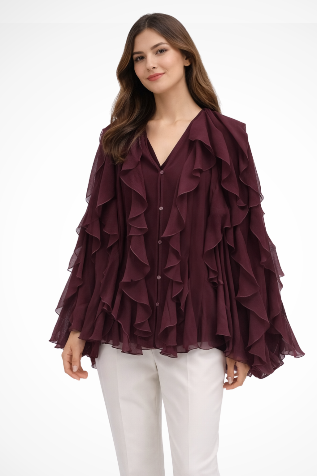 Ravielle – Blusa de Volantes con Escote en V y Manga Larga