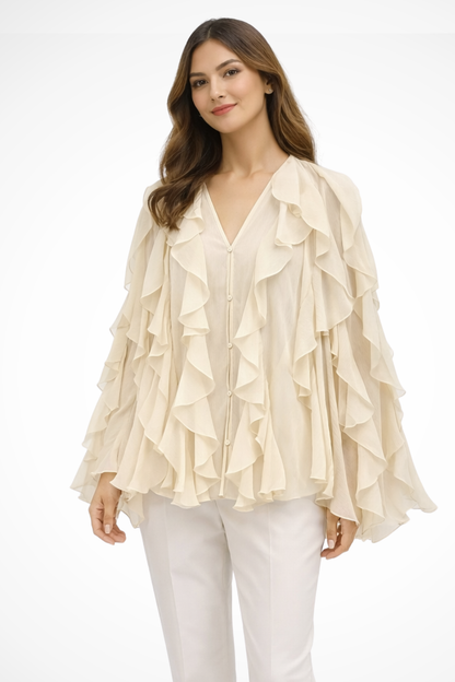 Ravielle – Blusa de Volantes con Escote en V y Manga Larga