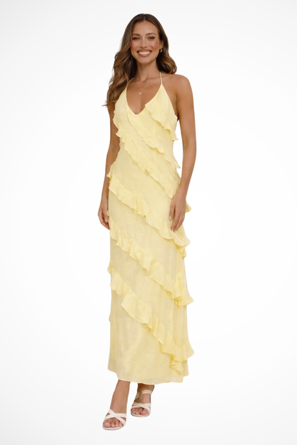 Freya – Vestido Maxi Halter con Volantes de Verano