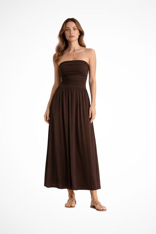Isabella – Vestido Maxi Plisado sin Tirantes de Verano