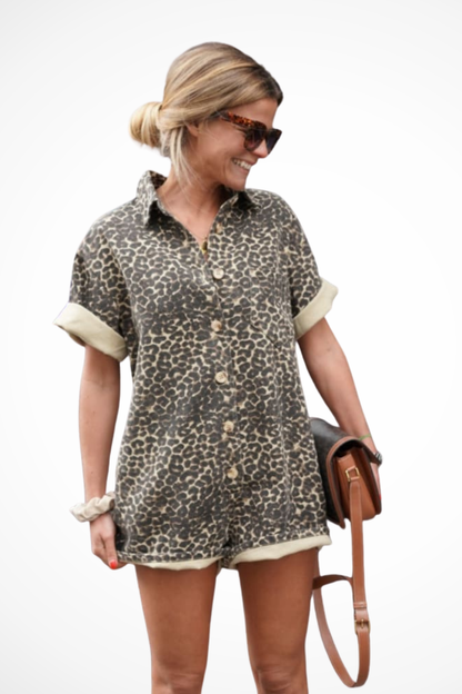 Zaria – Mono Corto Estampado de Leopardo con Botones