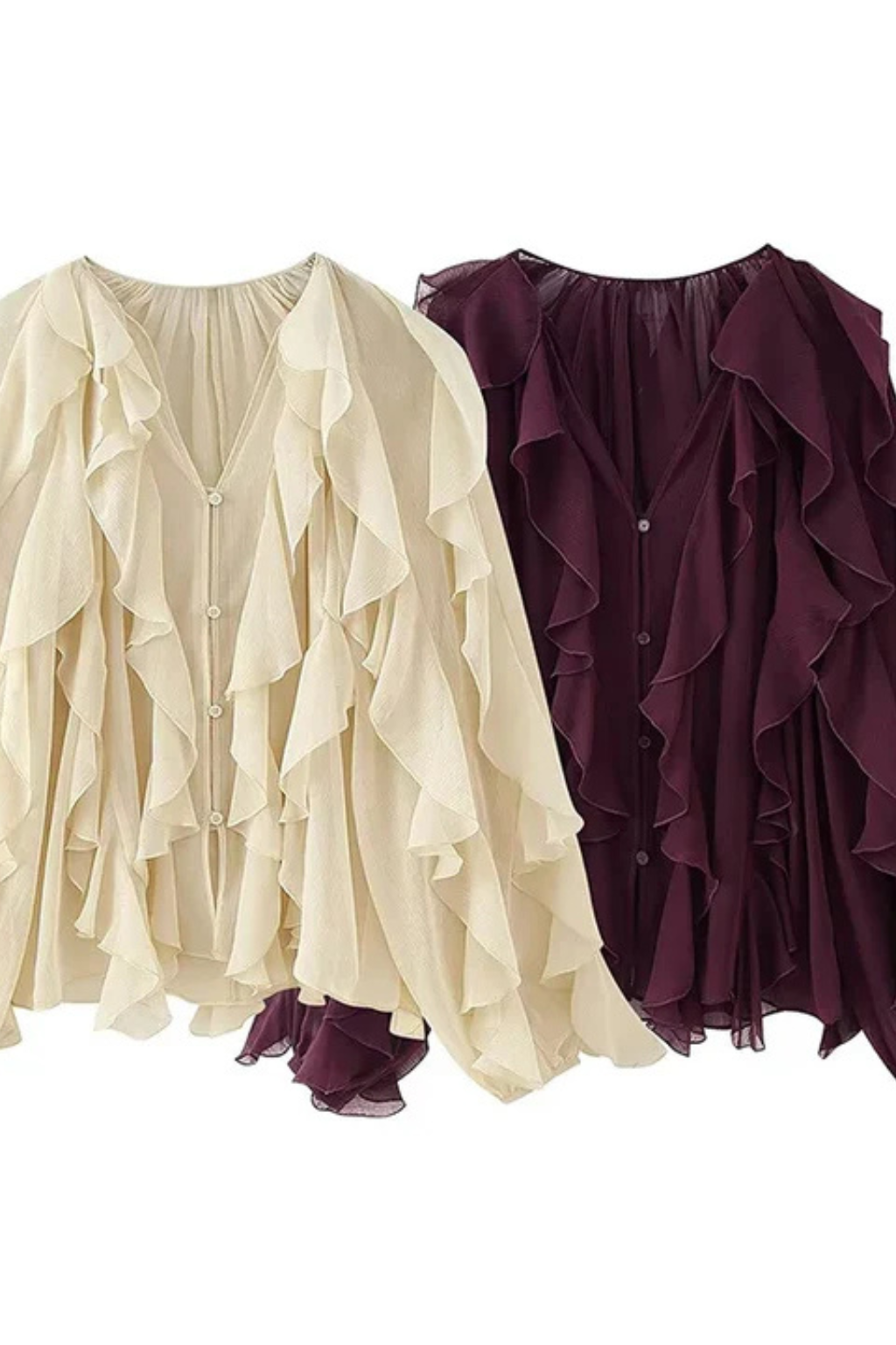 Ravielle – Blusa de Volantes con Escote en V y Manga Larga