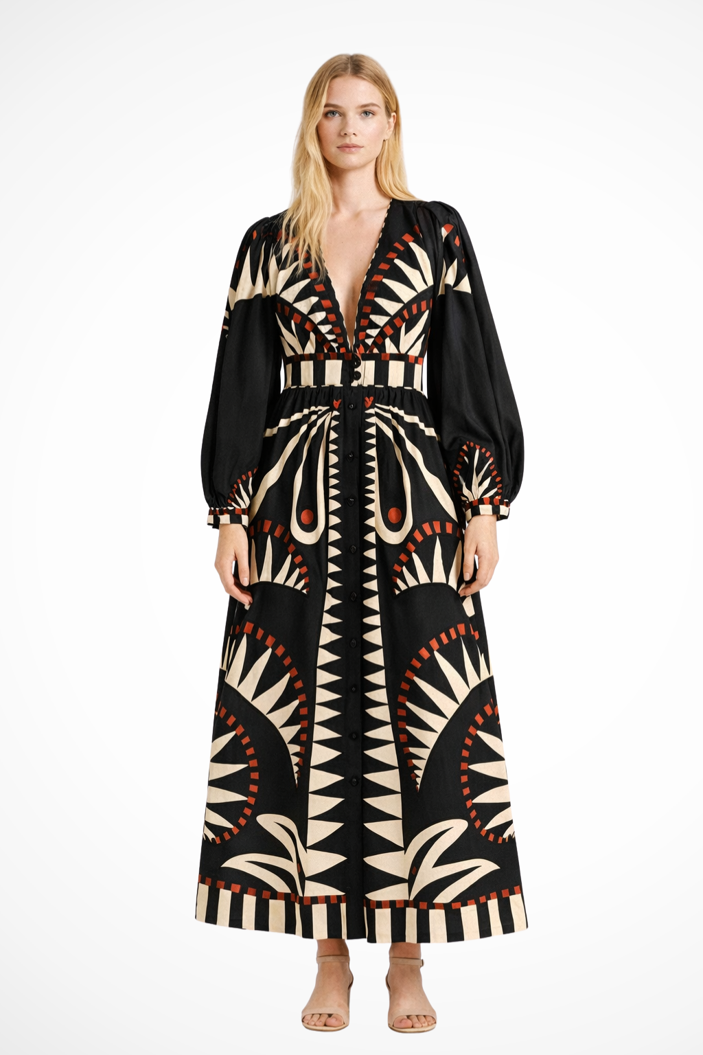 Thea – Vestido Maxi Estampado en Capas con Manga Larga