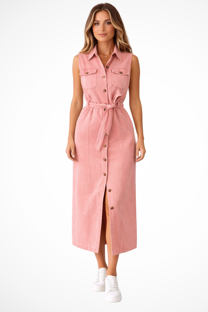 Lottie – Vestido Maxi de Denim sin Mangas con Cinturón y Abertura