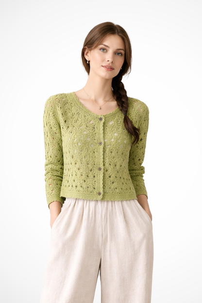 Agatha – Cárdigan Cropped de Crochet con Detalle Floral