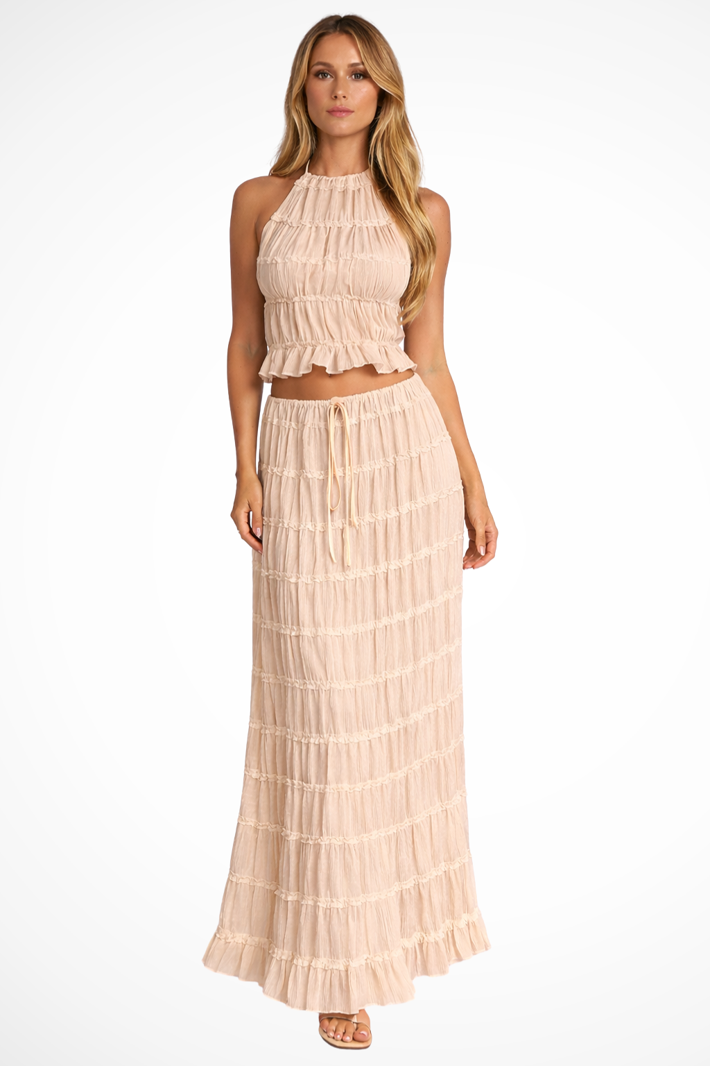 Cora – Conjunto de 2 Piezas: Top Halter Fruncido y Falda Maxi