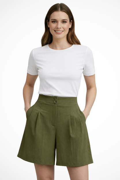 Winnie – Bermudas Sastre de Tiro Alto con Botones y Pliegues