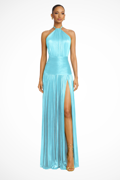 Saffron – Vestido Maxi Halter de Satén Plisado para Boda