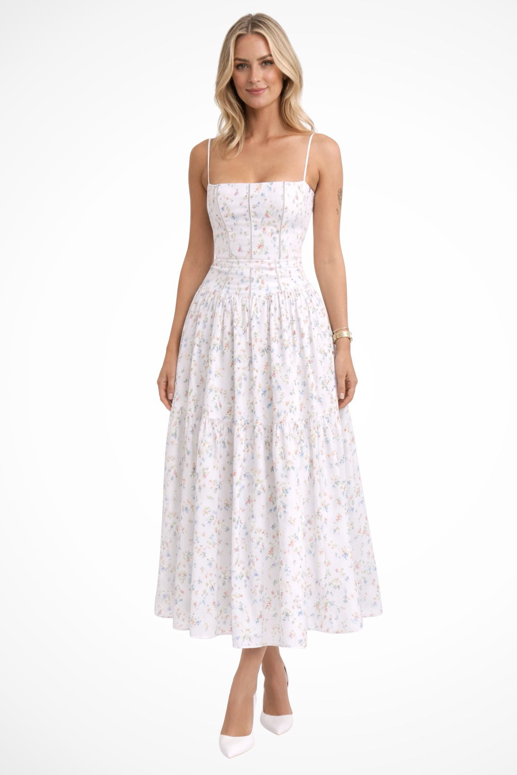 Sophia – Vestido Midi Floral en Capas para Boda de Verano