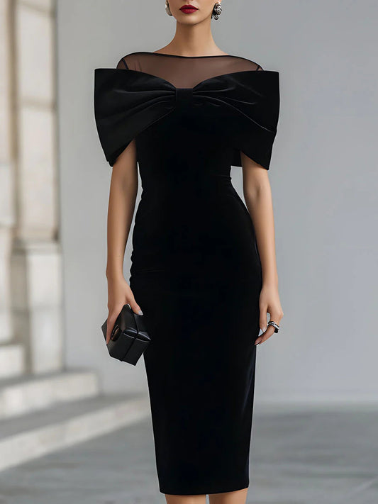 Vestido de Fiesta Regina  Vestido de Mujer Midi de Terciopelo Negro Dramático con Lazo – Negro | Horizoncor