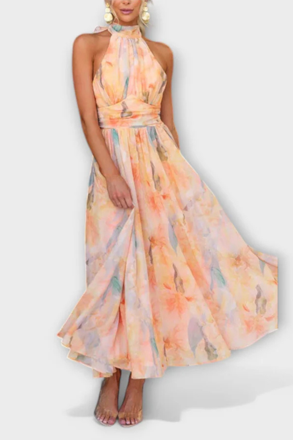 Isolde – Vestido Maxi Halter con Estampado Abstracto