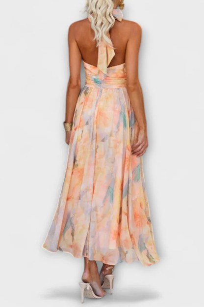 Isolde – Vestido Maxi Halter con Estampado Abstracto