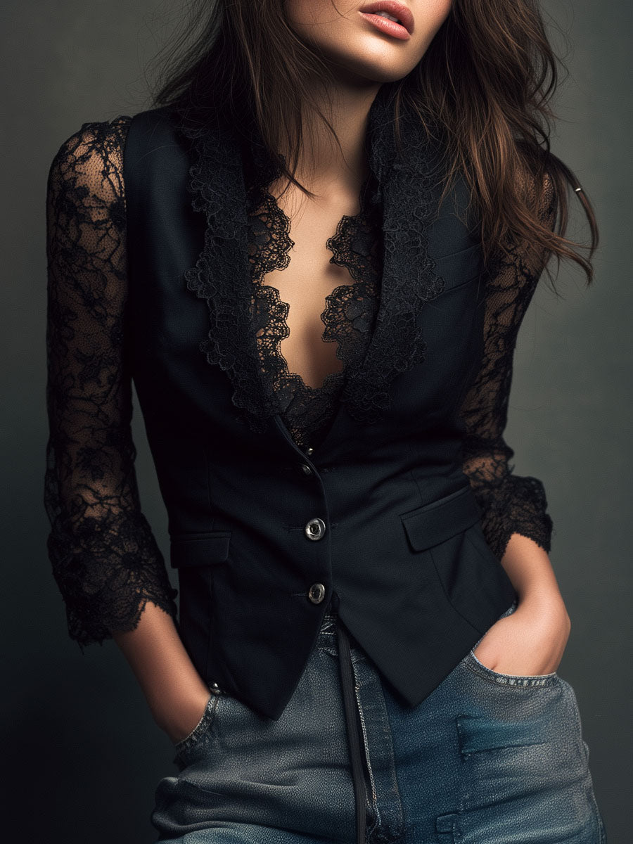 Blazer Mujer Claudia  Blazer de Mujer Negro con Encaje – Negro | Horizoncor