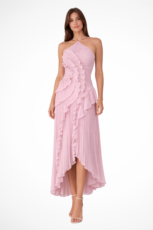 Imogen – Vestido Maxi Halter con Volantes y Espalda Descubierta