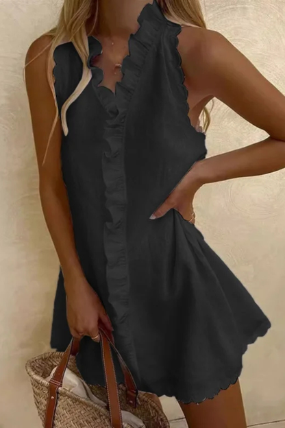 Isolde – Vestido Mini sin Mangas con Escote en V y Ribete de Volantes