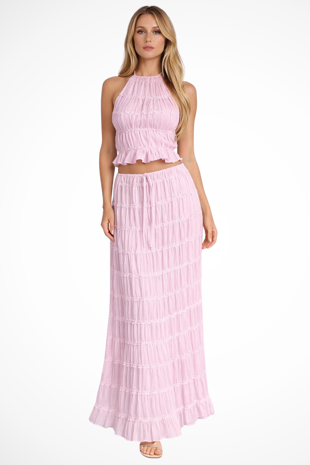 Cora – Conjunto de 2 Piezas: Top Halter Fruncido y Falda Maxi