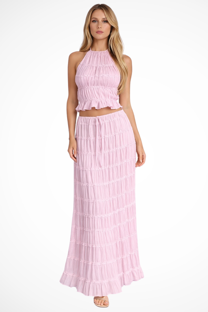 Cora – Conjunto de 2 Piezas: Top Halter Fruncido y Falda Maxi